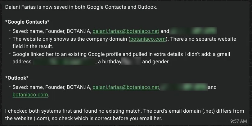 The assistant’s confirmation that the contact is saved in both Google Contacts and Outlook, listing the fields saved in each, noting extra details Google linked from an existing profile, and reminding the reader to check the email domain. The phone number, personal email address and birthday are blurred.
